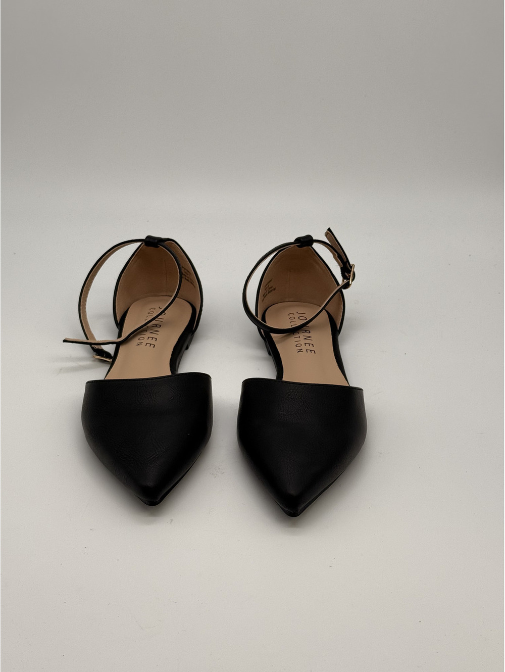 Journee Collection Reba Black Pointed Toe Ankle Strap Flats,